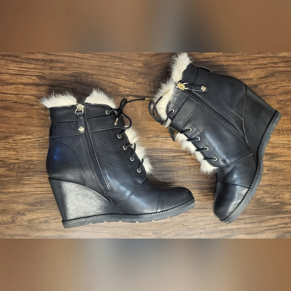 Kate Spade New York Black Tay Wedge Bootie Buckle Accent Side Zip Size 7.5